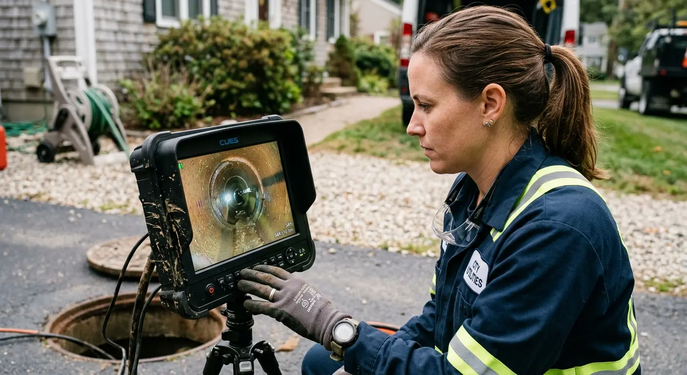 Technician reviewing sewer camera inspection footage in Spring Lake