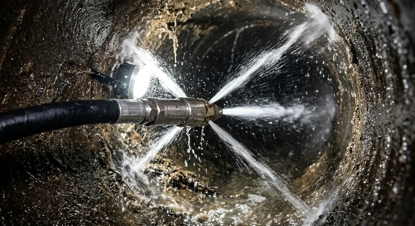 High-pressure hydro jetting nozzle cleaning sewer pipe for Emergency Drain Service in Spring Lake