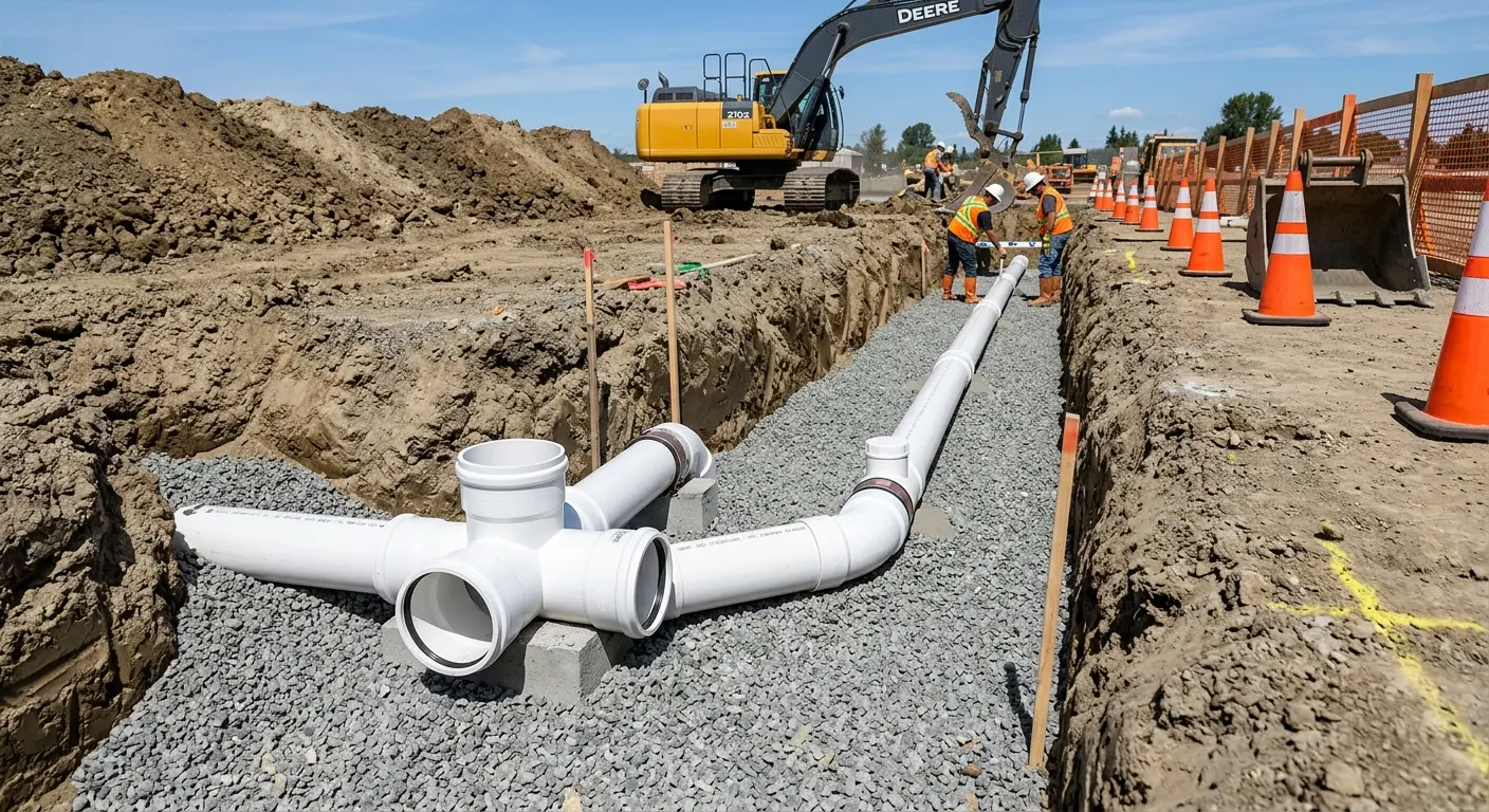 New PVC sewer pipe installation in open trench for Sewer Backup in Spring Lake