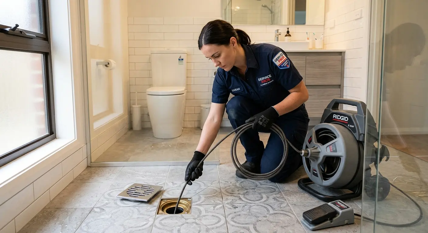 Technician clearing a bathroom floor drain for Sewer Line Replacement in Spring Lake